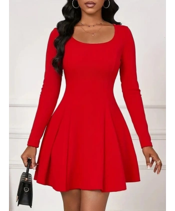 Kadın Uzun Kollu Kare Yakalı Mini Ithal Krep Elbise