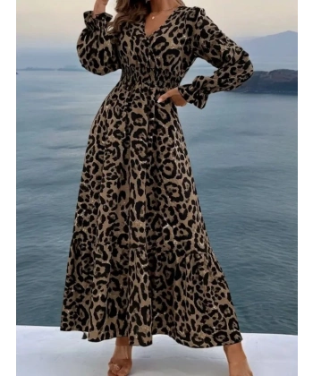 Kadın Uzun Kollu Kruvaze Yaka Leopar Desenli Uzun Süprem Elbise