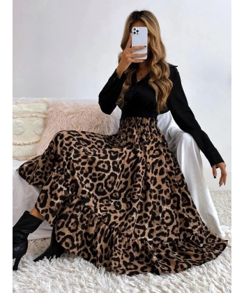 Kadın Uzun Kollu Kruvaze Yakalı Ithal Krep Bluz Ve Leopar Desenli Süprem Uzun Elbise