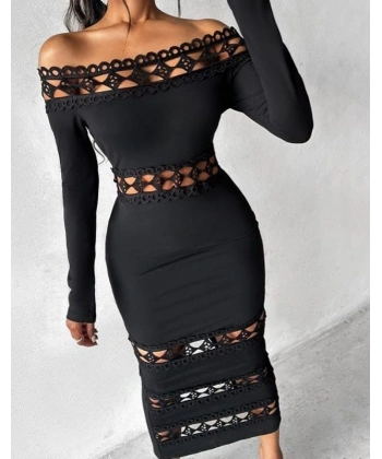 Kadın Uzun Kollu Madonna Dantel Yaka Yırtmaçlı Midi Dalgıç Elbise