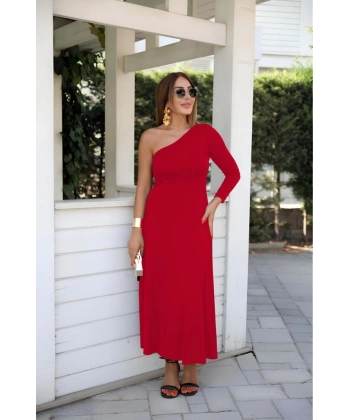 Kadın Uzun Kollu Tek Omuz Detay Krep Elbise
