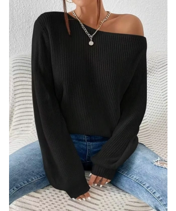 Kadın Uzun Kollu Tek Omuzu Açık Detaylı Triko Bluz