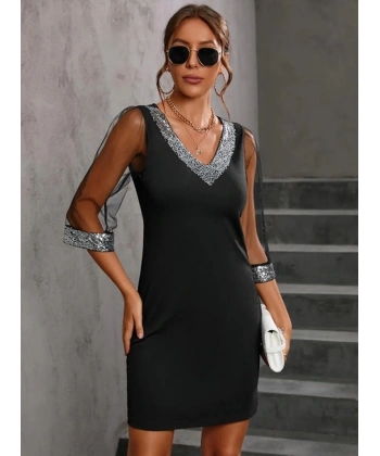 Kadın Uzun Kollu V Yaka Ve Kol Ucu Pul Payet Krep Elbise