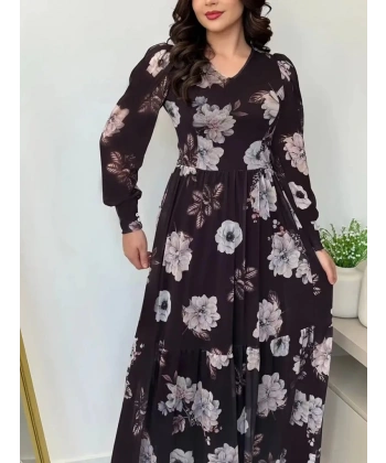 Kadın Uzun Kollu V Yakalı çiçek Desenli Maxi Süprem Elbise