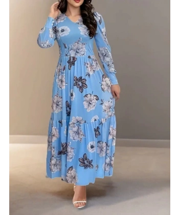 Kadın Uzun Kollu V Yakalı çiçek Desenli Maxi Süprem Elbise