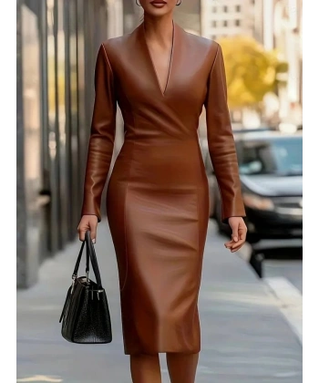 Kadın Uzun Kollu V Yakalı Deri Midi Elbise