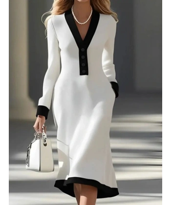 Kadın Uzun Kollu V Yakalı Düğmeli Midi Modal Elbise