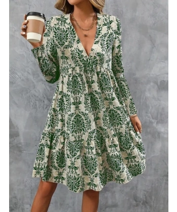 Kadın Uzun Kollu V Yakalı Fırfırlı Mini Süprem Elbise