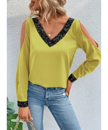 Kadın Uzun Kollu V Yakalı Omuzlardan Açık Sandy Bluz