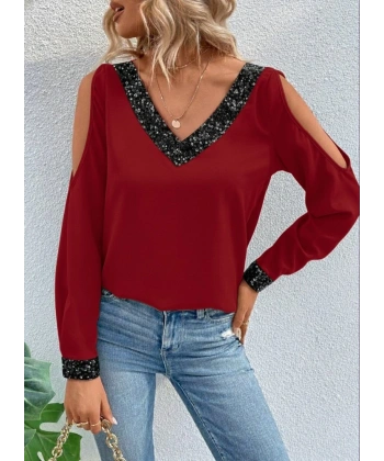 Kadın Uzun Kollu V Yakalı Omuzlardan Açık Sandy Bluz