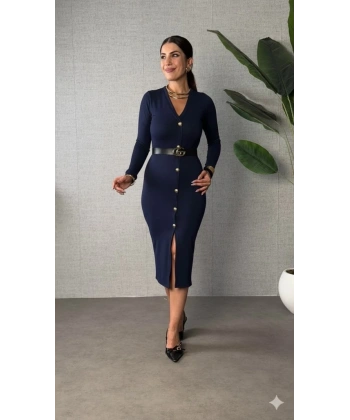 Kadın Uzun Kollu V Yakalı önden Düğmeli Yırtmaçlı Modal Midi Kemersiz Elbise