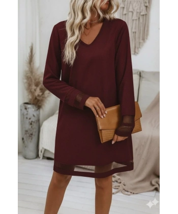 Kadın Uzun Kollu V Yakalı Tül şerit Detaylı Mini Krep Elbise