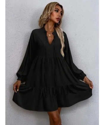 Kadın Uzun Kollu Yakadan Bağcıklı Fırfırlı Keten Mini Elbise