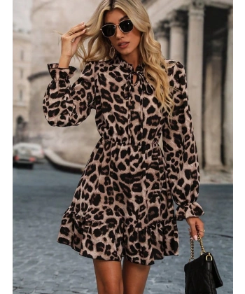 Kadın Uzun Kollu Yakadan Bağcıklı Modal Leopar Desenli Mini Elbise