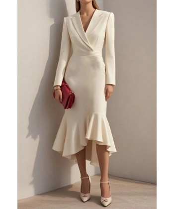 Kadın Uzun Kollu Yakalı Belden Oturtmalı Midi Ithal Krep Elbise
