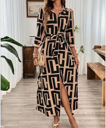 Kadın Uzun Kollu Yakalı önden Düğmeli Uzun Süprem Elbise