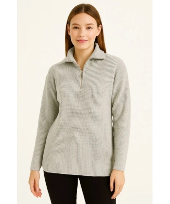 KADIN Yarım Fermuarlı Triko Kazak – Selanik Örgü, Dik Yaka, Pamuklu Dokuma, Regular Fit Uzun Kollu Kışlık Model - Gri