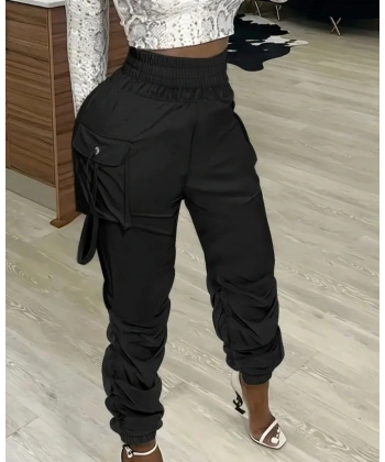 Kadın Yüksek Bel Beli Lastikli Kargo Cep Detaylı Gabardin Pantolon