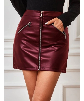 Kadın Yüksek Bel Fermuarlı Mini Deri Etek