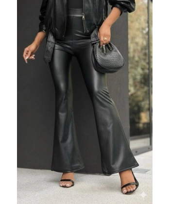 Kadın Yüksek Bel İspanyol Paçalı Deri Pantolon