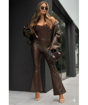 Kadın Yüksek Bel İspanyol Paçalı Deri Pantolon