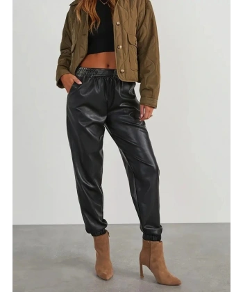 Kadın Yüksek Bel Lastikli önü Düğmeli Deri Pantolon