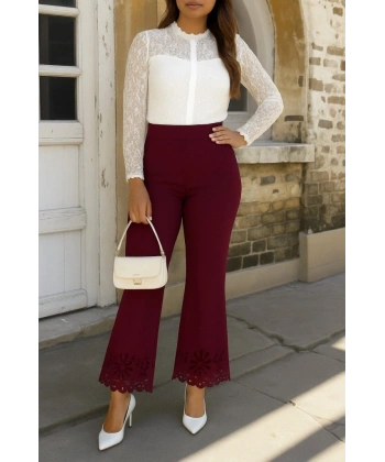 Kadın Yüksek Bel Paçaya Doğru Genişleyen Lazer çiçek Kesim Detaylı Ithal Krep Pantolon