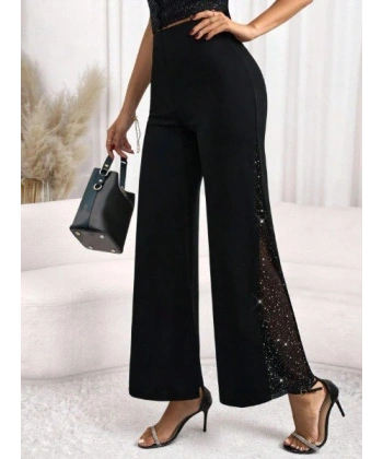 Kadın Yüksek Bel Yanlardan Tül Detaylı Ithal Krep Pantolon