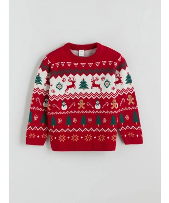 Kids Kırmızı Bisiklet Yaka Yılbaşı Temalı Erkek Çocuk Kazak