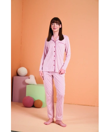 PJS 28001 Kadın Uzun Kol Çizgili Önü Düğmeli Pijama Takım