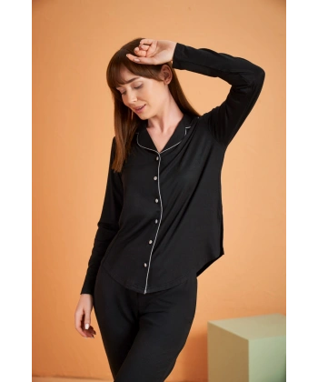 PJS 28049 Kadın Uzun Kol Önü Düğmeli Pijama Takım
