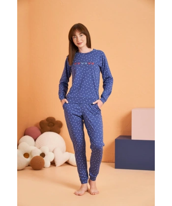 PJS 28081 Kadın Uzun Kol Yuvarlak Yaka Kalpli Pijama Takım