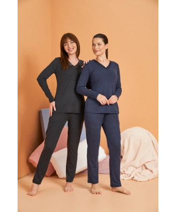Pjs 28091 Kadın Uzun Kol V Yaka Pijama Takımı