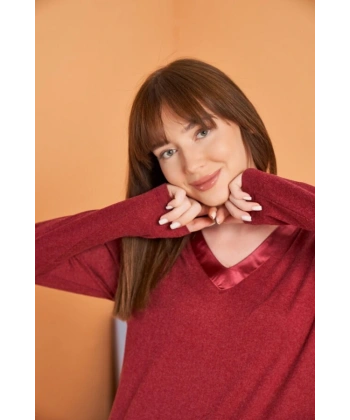 PJS 28091 Kadın V Yaka Uzun Kol Pijama Takımı