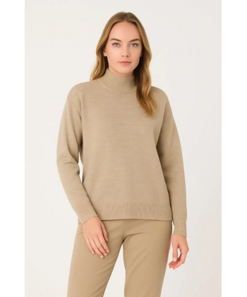 Yarım Boğaz Triko Kazak Yumuşak Dokulu Pamuklu Ince Dokuma, Uzun Kollu Rahat Regular Kalıp - Bej