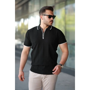 Erkek Dikey Kabartmalı Örgü Dokulu Fermuar Yakalı Tişört