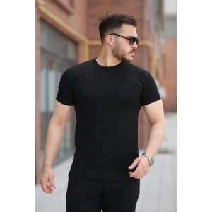 Erkek Ince çizgi Dokulu Bisiklet Yaka Kısa Kollu T-shirt