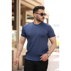 Erkek Ince çizgi Dokulu Bisiklet Yaka Kısa Kollu T-shirt