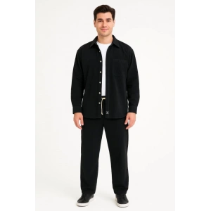 Erkek Kadife Oversize Takım – Gömlek Ve Pantolon İkili Set Füme Corduroy Şıklığı, Rahat Ve Zarif Duruş Yumuşak Dokulu Kadife Kumaş, Düğmeli Gömlek Üst Ve Lastikli Pantolon Alt Parça Ile Gün Boyu Konfor- Siyah