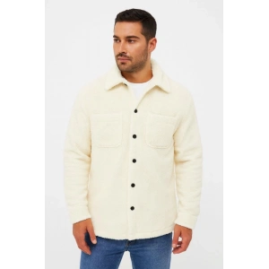 Erkek Pelüş Polar Hırka Gömlek – Yakalı, İlik Düğmeli, Göğüs Cepli, Yumuşak Dokulu Kışlık Regular Fit Rahat Günlük Model - Beyaz