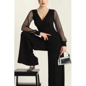 Kadın Derin V Yaka Kolları Puantiyeli Tül Detay Ispanyol Paça Tulum