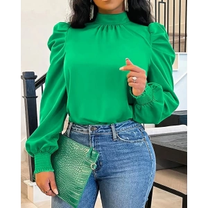 Kadın Uzun Kollu Balıkçı Yaka Arkadan Bağlamalı Omuzlardan Balon Ithal Krep Bluz