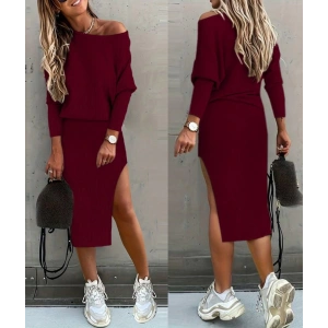 Kadın Uzun Kollu Düşük Omuz Yırtmaç Detay Kaşkorse Etek Bluz Ikili Takım