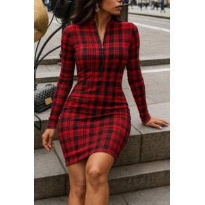 Kadın Uzun Kollu Fermuarlı Ekose Baskılı Dalgıç Elbise