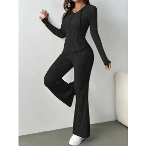 Kadın Uzun Kollu Kapşonlu önden Fermuarlı Kaşkorse Bluz Ve Pantolon Ikili Takım