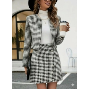 Kadın Uzun Kollu önü Açık Dokuma Ceket Ve Mini Etek Ikili Takım