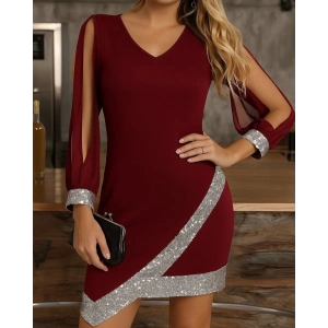 Kadın Uzun Kollu V Yakalı Pulpayetli Ithal Krep Elbise