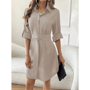 Kadın Uzun Kollu Yakalı önden Düğmeli Beli Kuşaklı Mini Ithal Keten Elbise