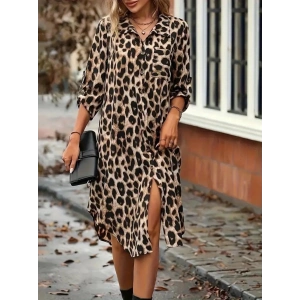 Kadın Uzun Kollu Yakalı önden Düğmeli Leopar Desenli Modal Midi Elbise