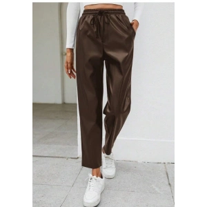 Kadın Yüksel Bel Bağcıklı Deri Pantolon